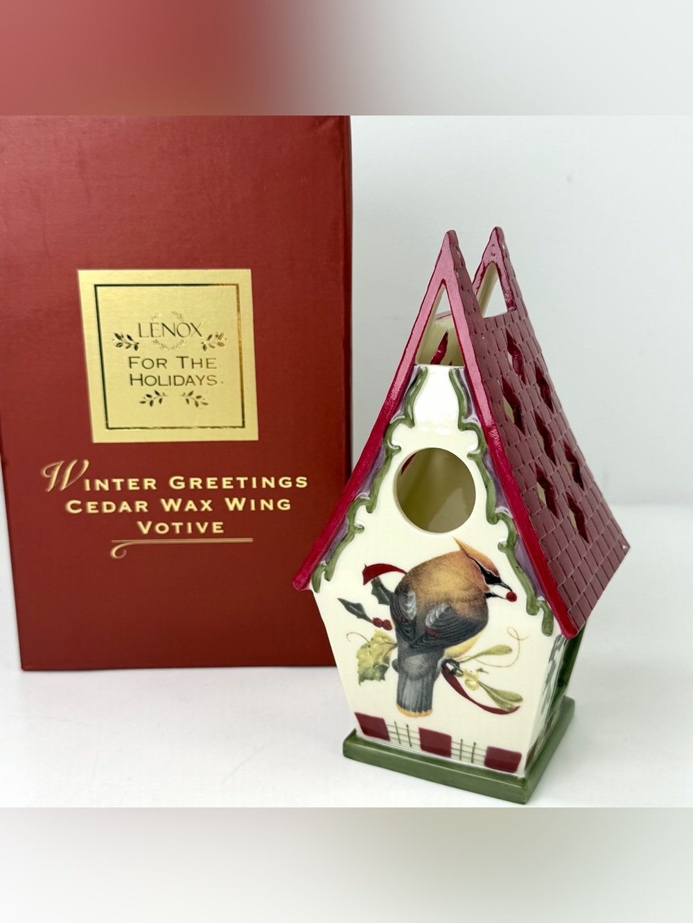 Lenox Winter Greetings Cedar Waxwing Birdhouse Votive Candle Holder NIB